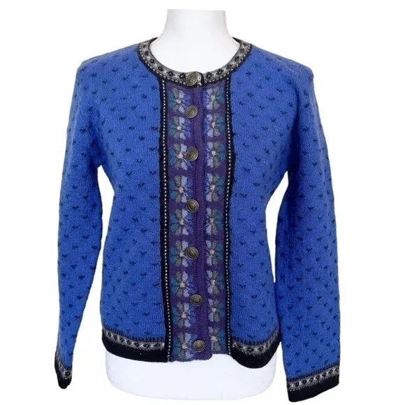 Tally Ho Vintage Cardigan Bavarian Blue Wool Button Up Sweater Small Petite SP