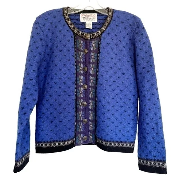 Tally Ho Vintage Cardigan Bavarian Blue Wool Button Up Sweater Small Petite SP