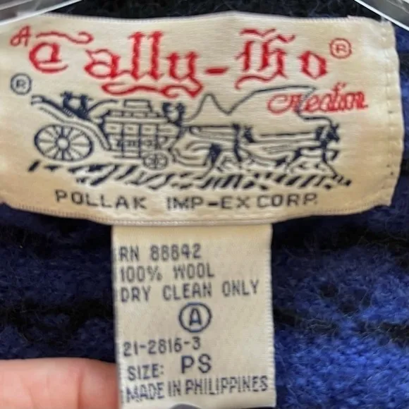 Tally Ho Vintage Cardigan Bavarian Blue Wool Button Up Sweater Small Petite SP