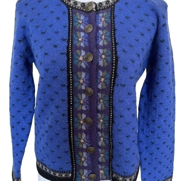 Tally Ho Vintage Cardigan Bavarian Blue Wool Button Up Sweater Small Petite SP
