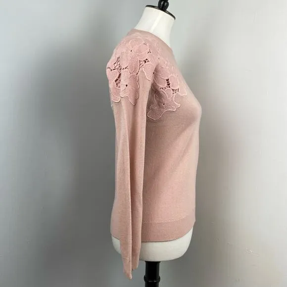 TED BAKER Light Pink Yizelda Lace Shoulder Long Sleeve Knit Sweater Sz 2