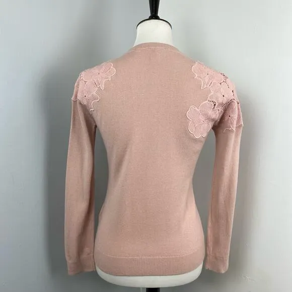 TED BAKER Light Pink Yizelda Lace Shoulder Long Sleeve Knit Sweater Sz 2