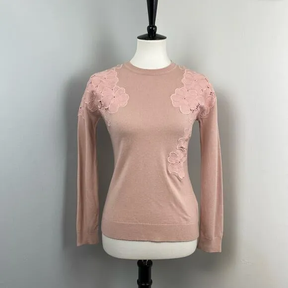 TED BAKER Light Pink Yizelda Lace Shoulder Long Sleeve Knit Sweater Sz 2