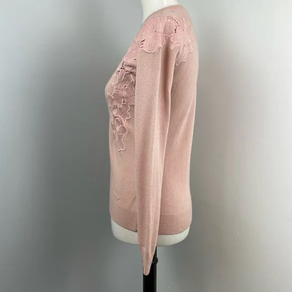 TED BAKER Light Pink Yizelda Lace Shoulder Long Sleeve Knit Sweater Sz 2