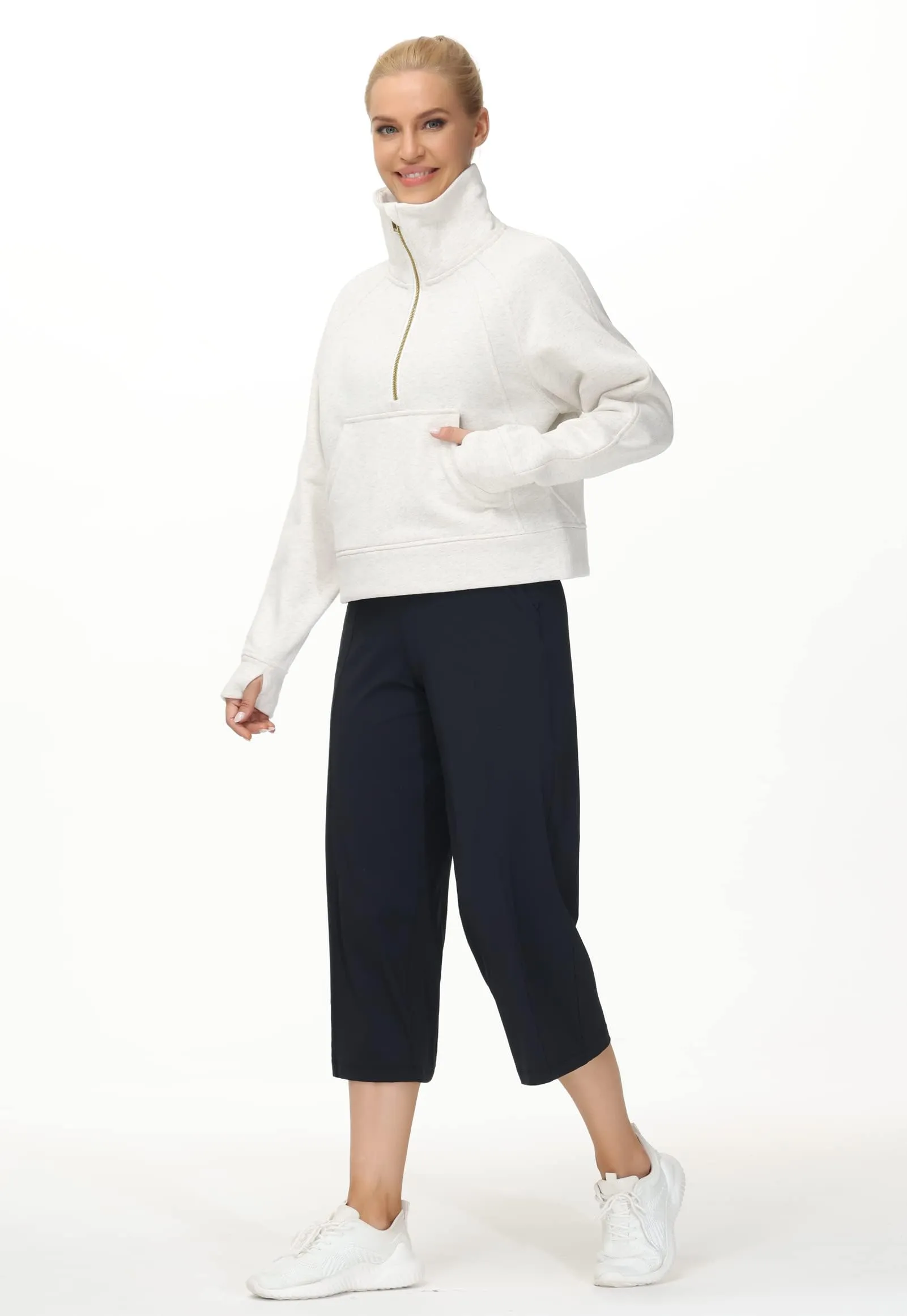 THE GYM PEOPLE Women's Half Zip Pullover Sweatshirt Fleece Stand Collar Crop Sweatshirt with Pockets Thumb Hole Off-white