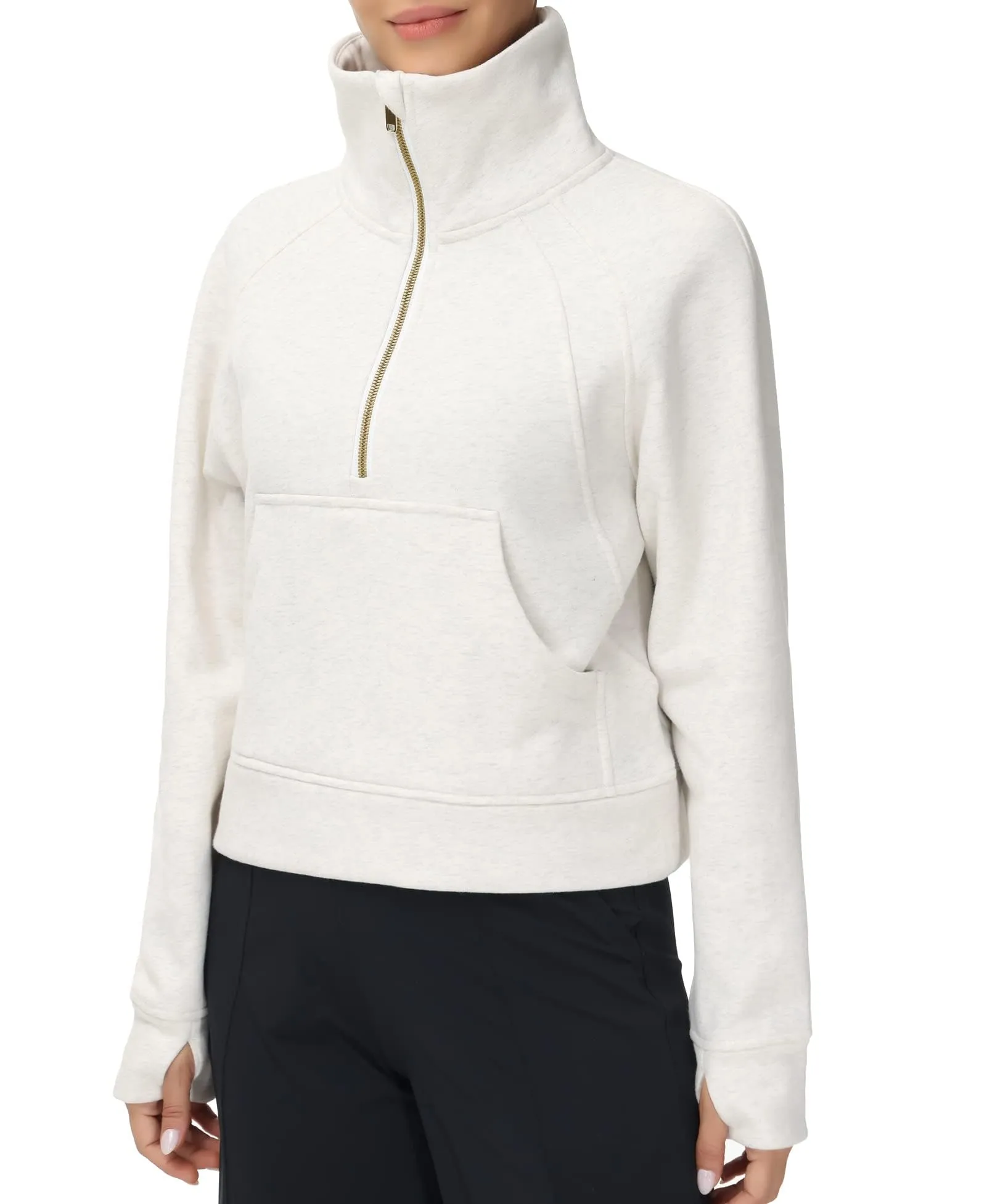 THE GYM PEOPLE Women's Half Zip Pullover Sweatshirt Fleece Stand Collar Crop Sweatshirt with Pockets Thumb Hole Off-white