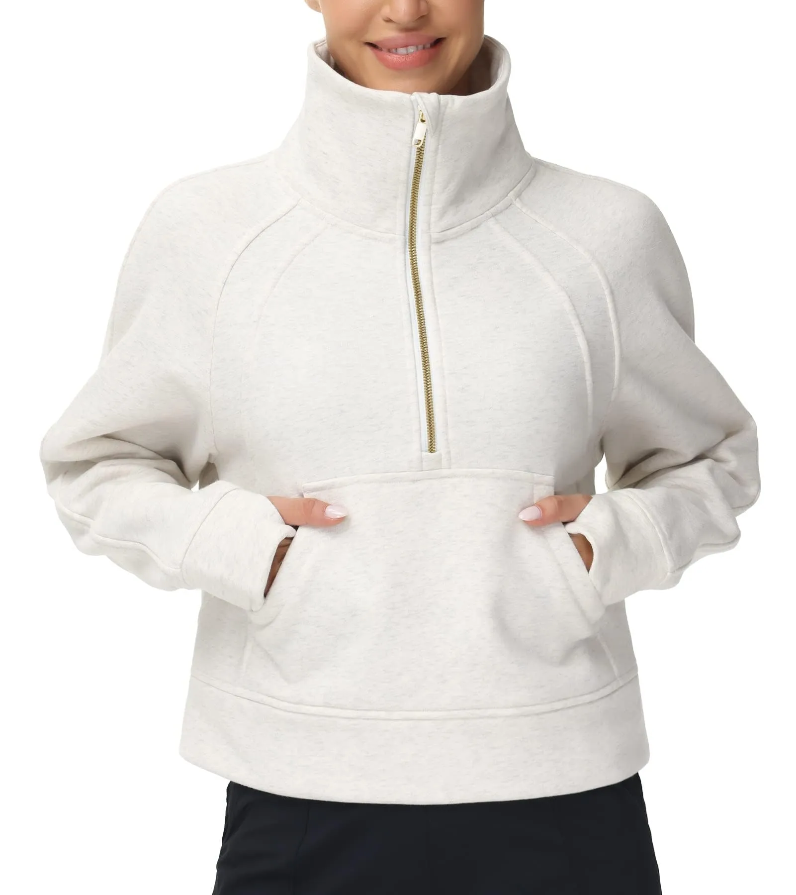 THE GYM PEOPLE Women's Half Zip Pullover Sweatshirt Fleece Stand Collar Crop Sweatshirt with Pockets Thumb Hole Off-white