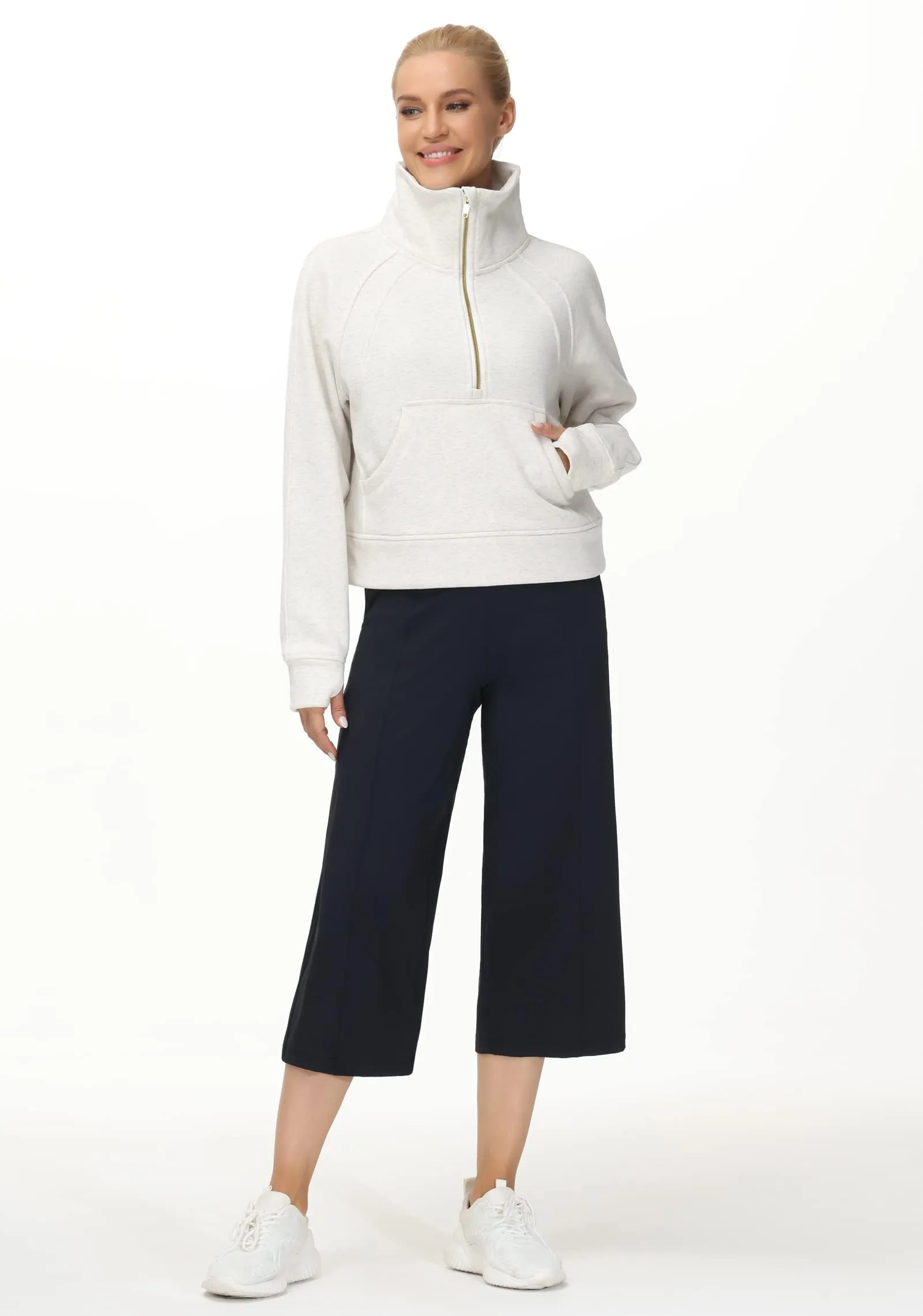 THE GYM PEOPLE Women's Half Zip Pullover Sweatshirt Fleece Stand Collar Crop Sweatshirt with Pockets Thumb Hole Off-white