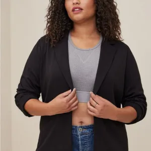TORRID black open front jersey knit longline office career casual blazer jacket
