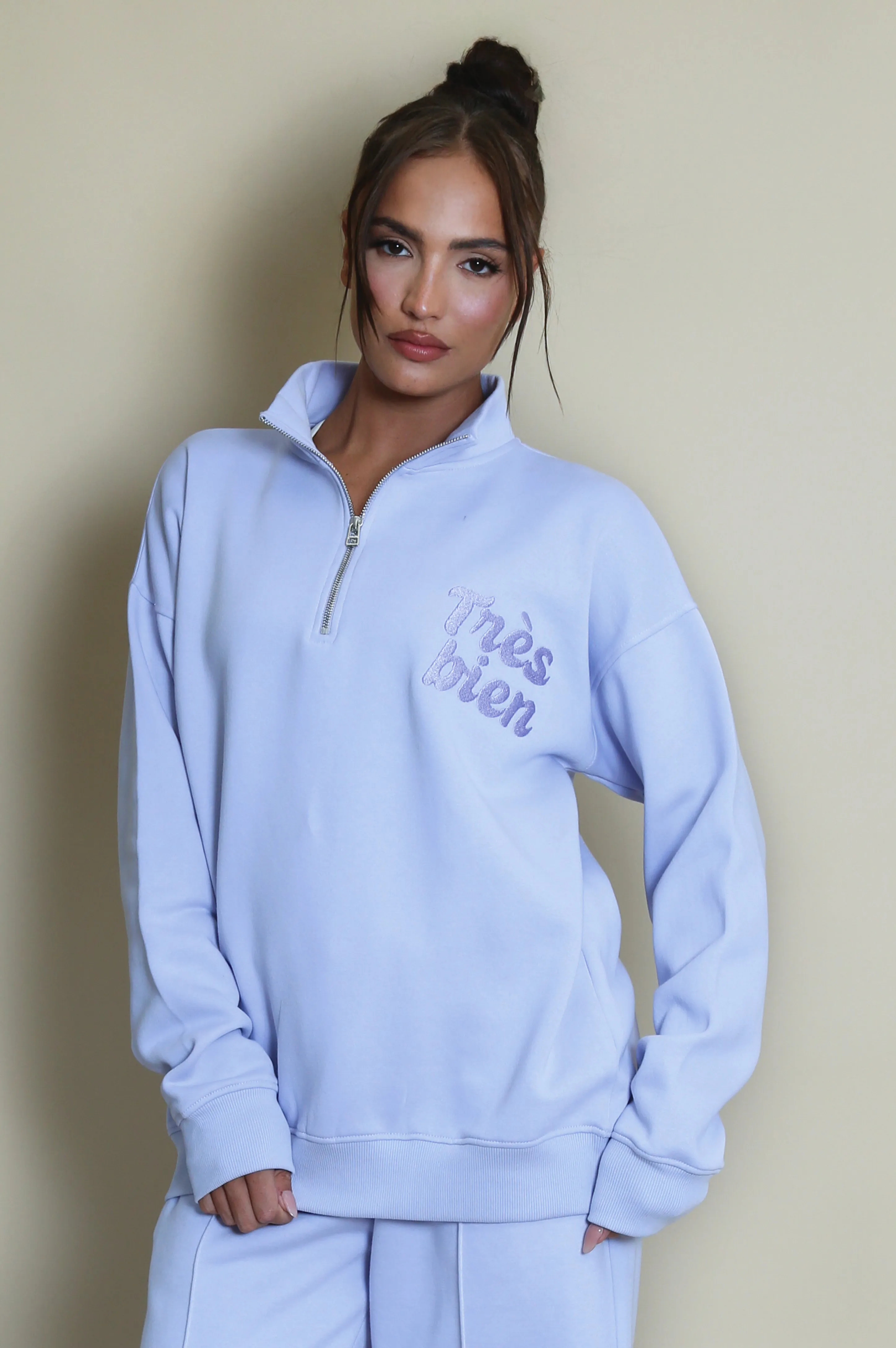 Tres Bien Half Zip Relaxed Fit Sweatshirt In Lilac