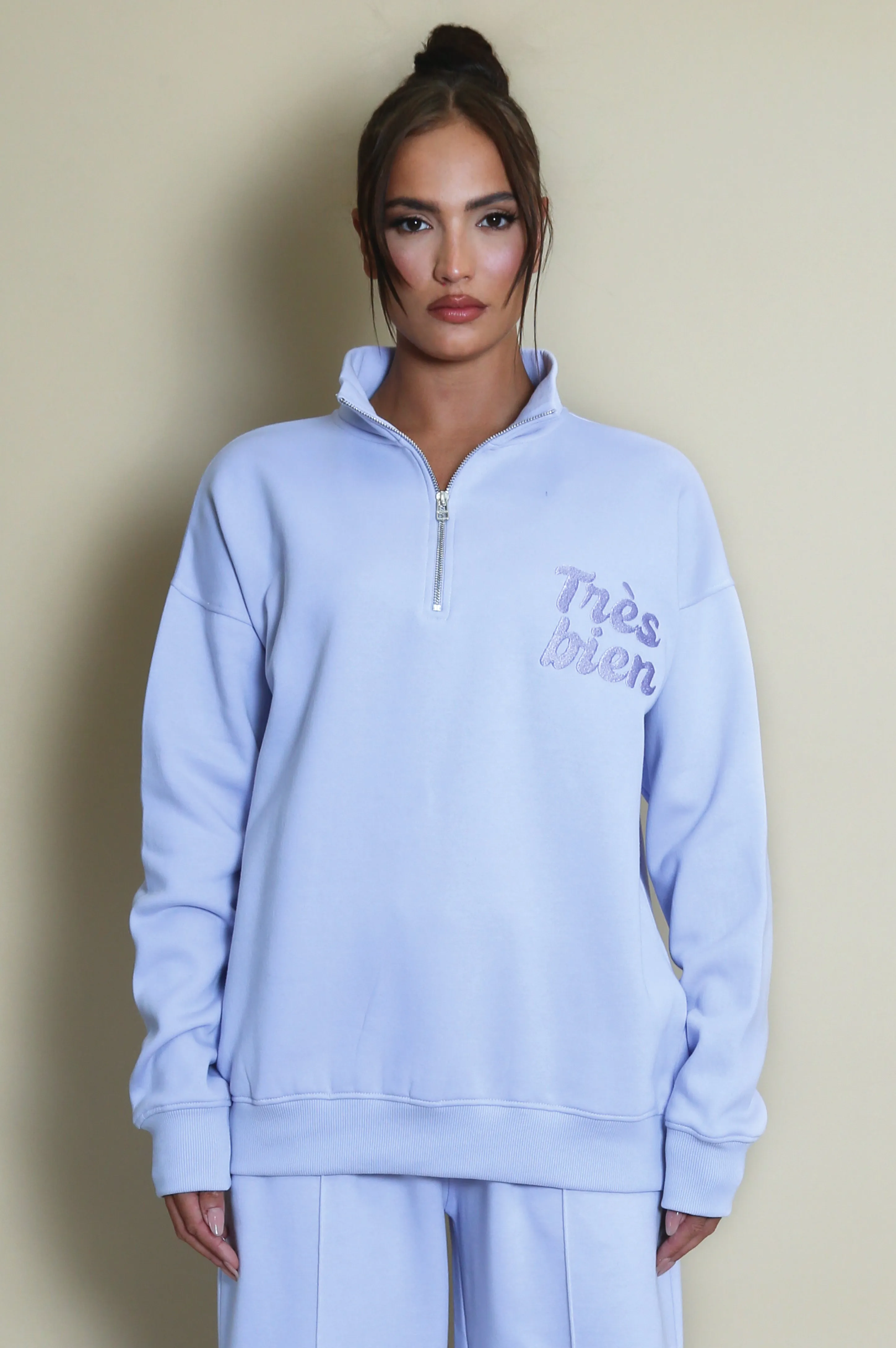 Tres Bien Half Zip Relaxed Fit Sweatshirt In Lilac