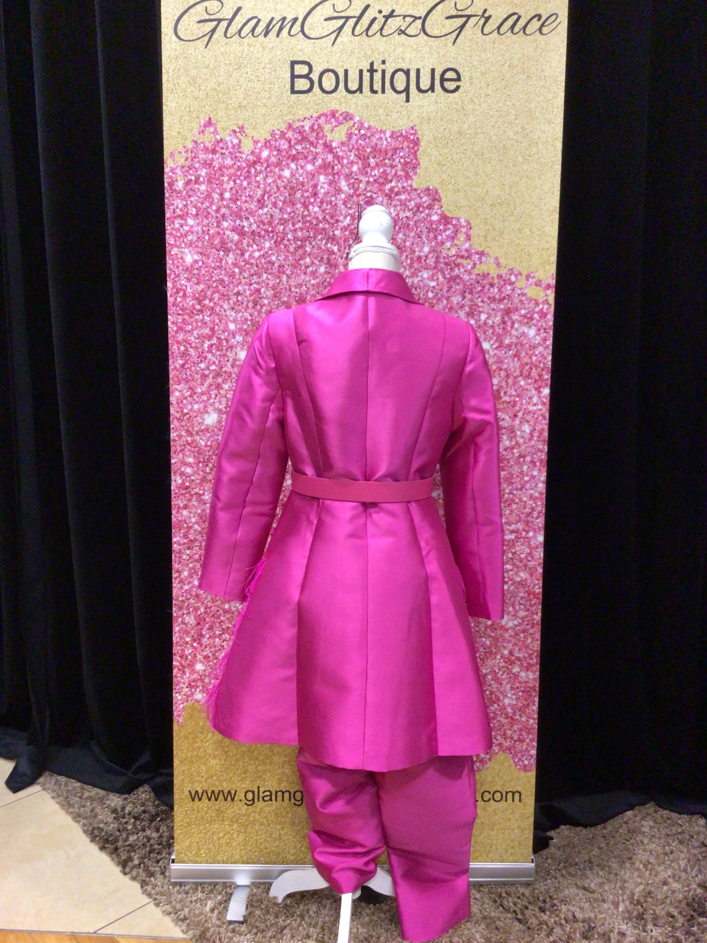 Two Piece Suit Set with Belt and Feathers on Blazer