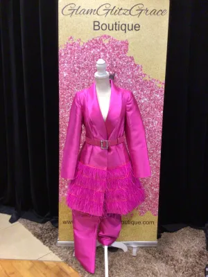 Two Piece Suit Set with Belt and Feathers on Blazer
