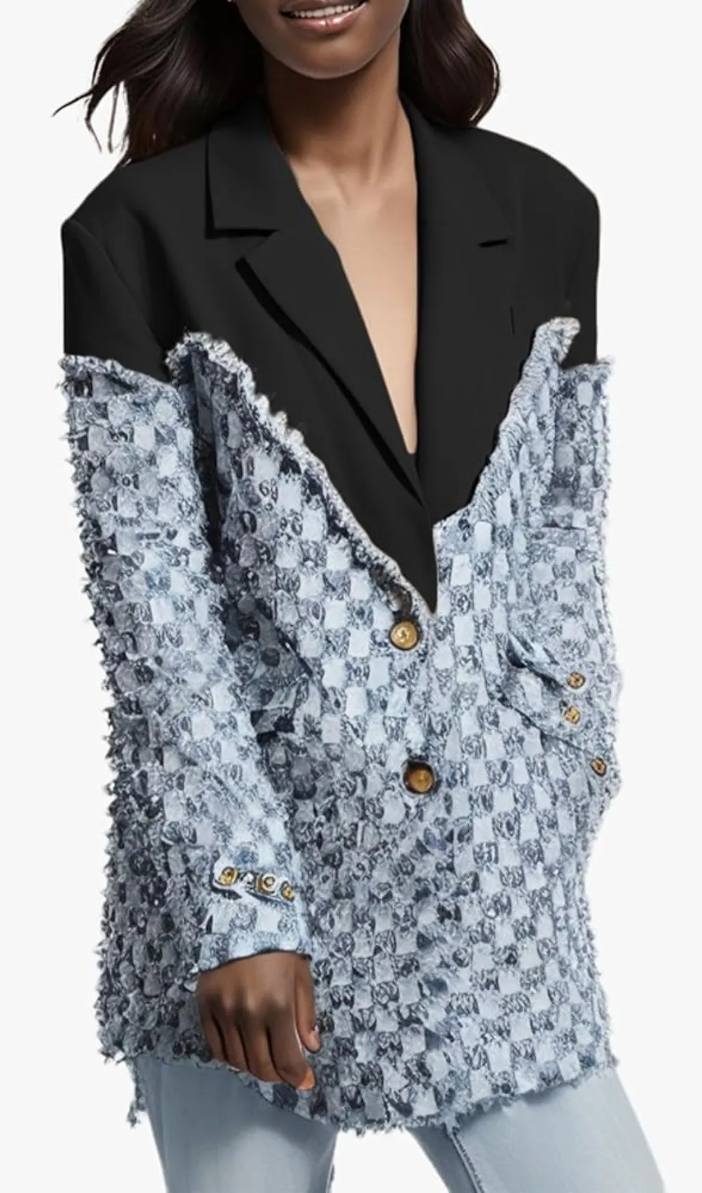 two-tone Denim Checks Blazer in blue