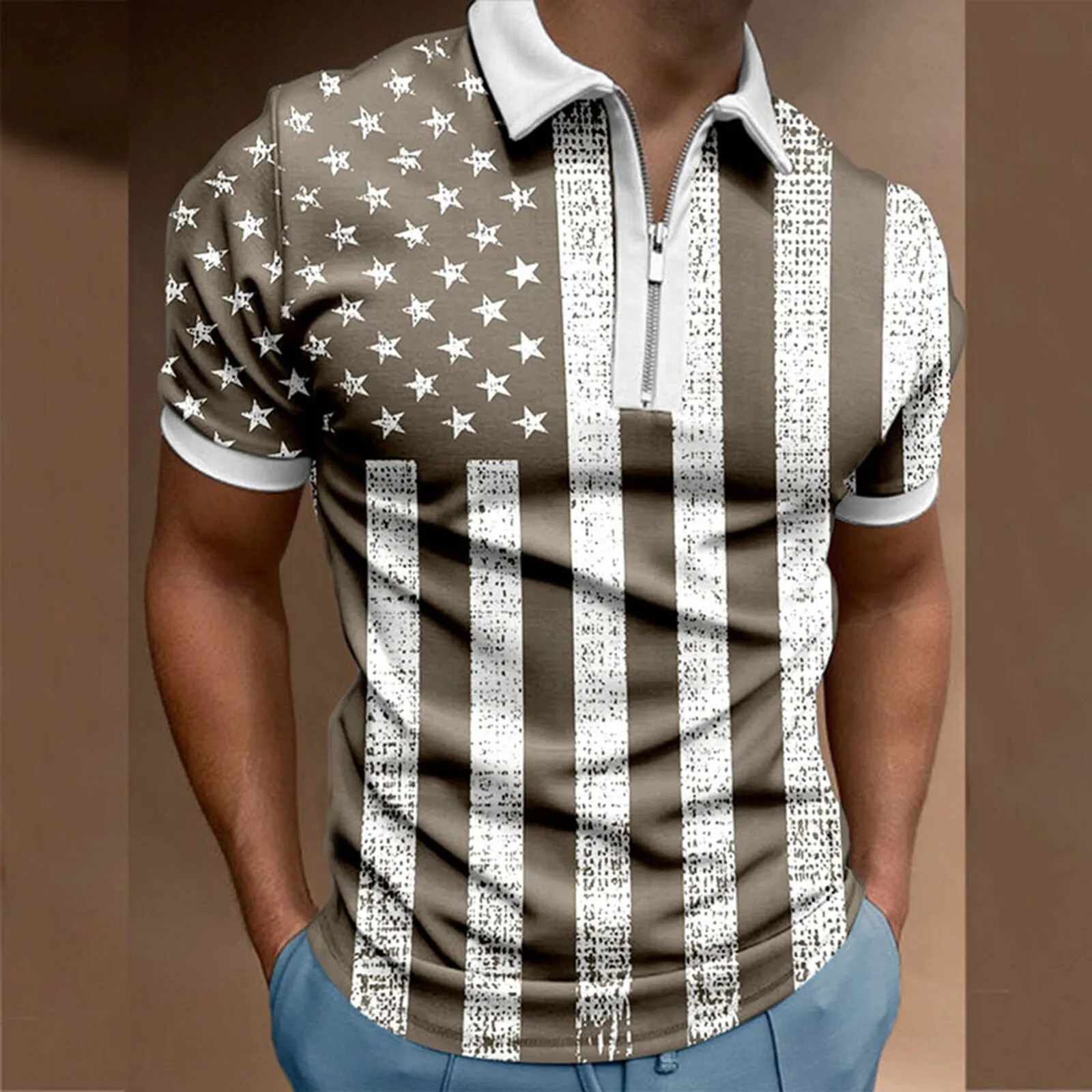 USA FLAG 1/4 ZIPPER PRINTED POLO SHIRT