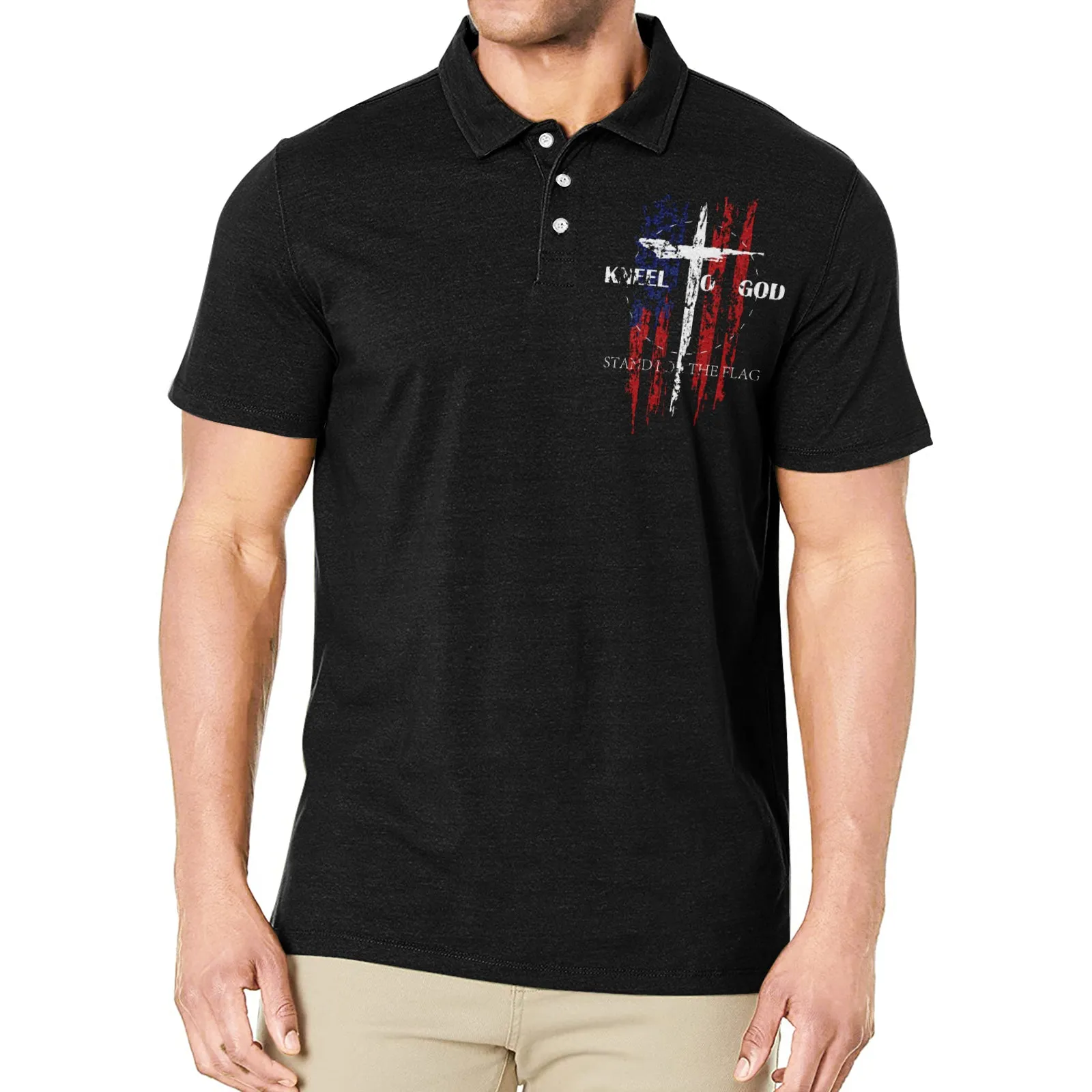 USA FLAG CROSS KNEEL TO GOD GRAPHIC POLO SHIRT