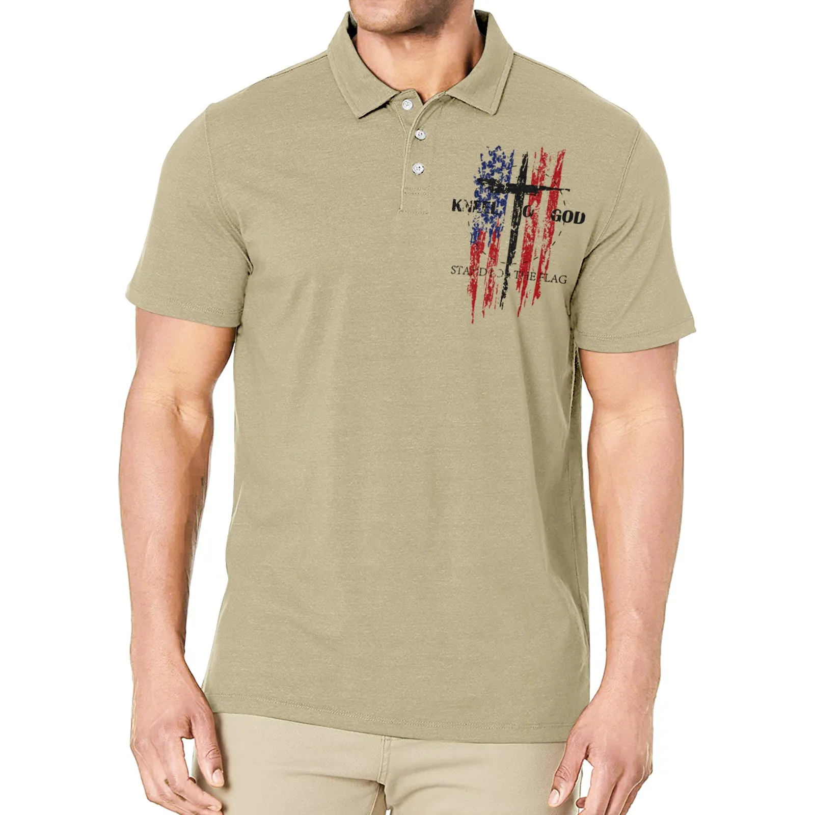 USA FLAG CROSS KNEEL TO GOD GRAPHIC POLO SHIRT