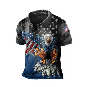 USA FLAG EAGLE 1/4 BUTTON PRINTED POLO SHIRT