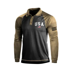 USA FLAG GRAPHIC RAGLAN LONG SLEEVE POLO SHIRT