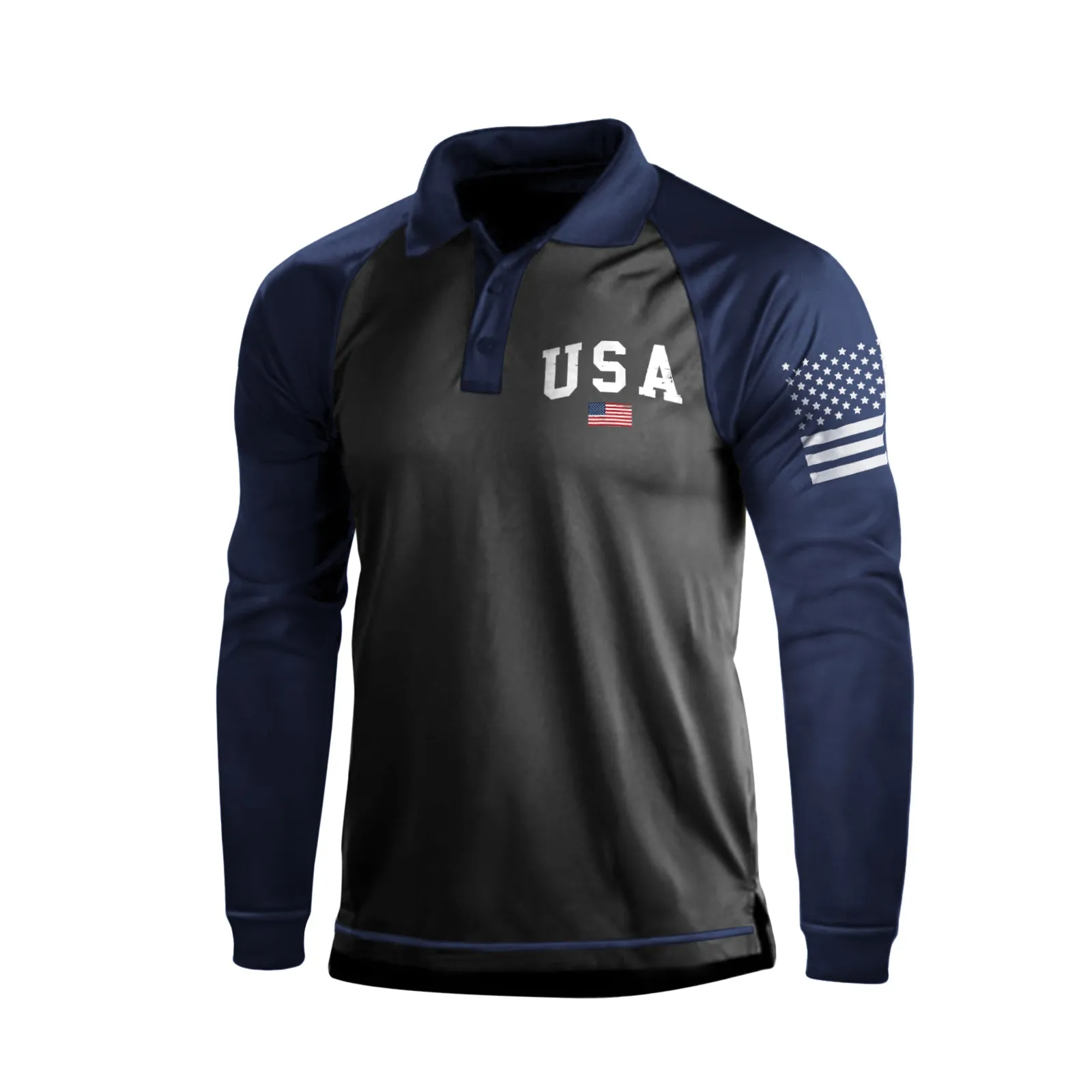 USA FLAG GRAPHIC RAGLAN LONG SLEEVE POLO SHIRT