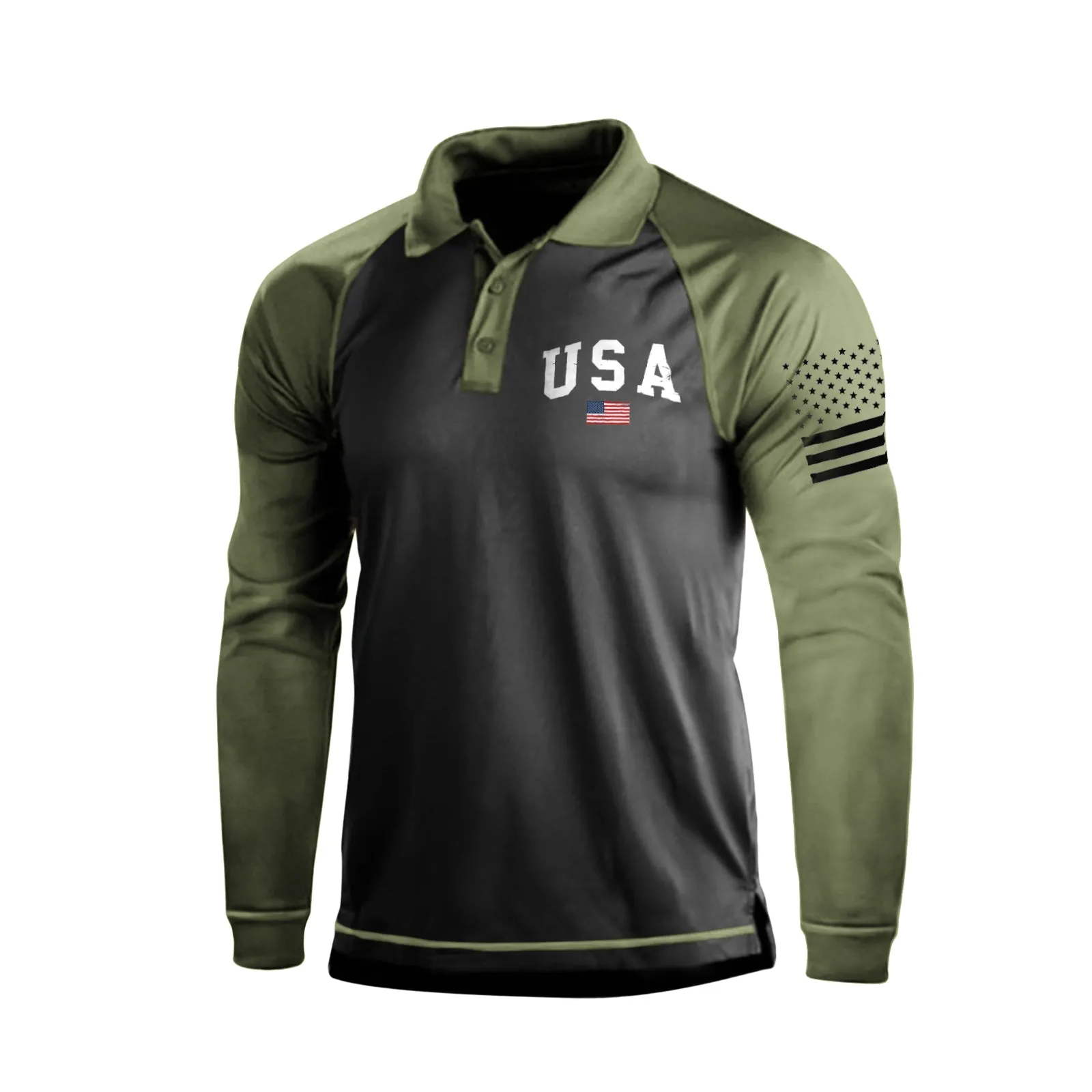 USA FLAG GRAPHIC RAGLAN LONG SLEEVE POLO SHIRT