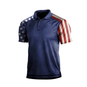 USA FLAG PATCHWORK 1/4 BUTTON GRAPHIC POLO SHIRT