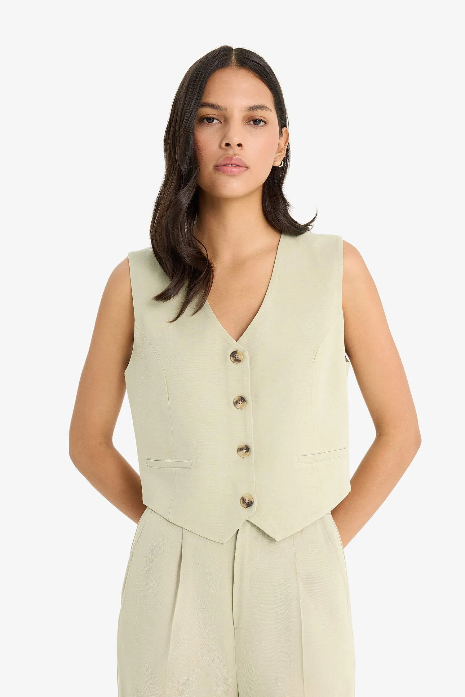 V Neck Linen Blend Vest