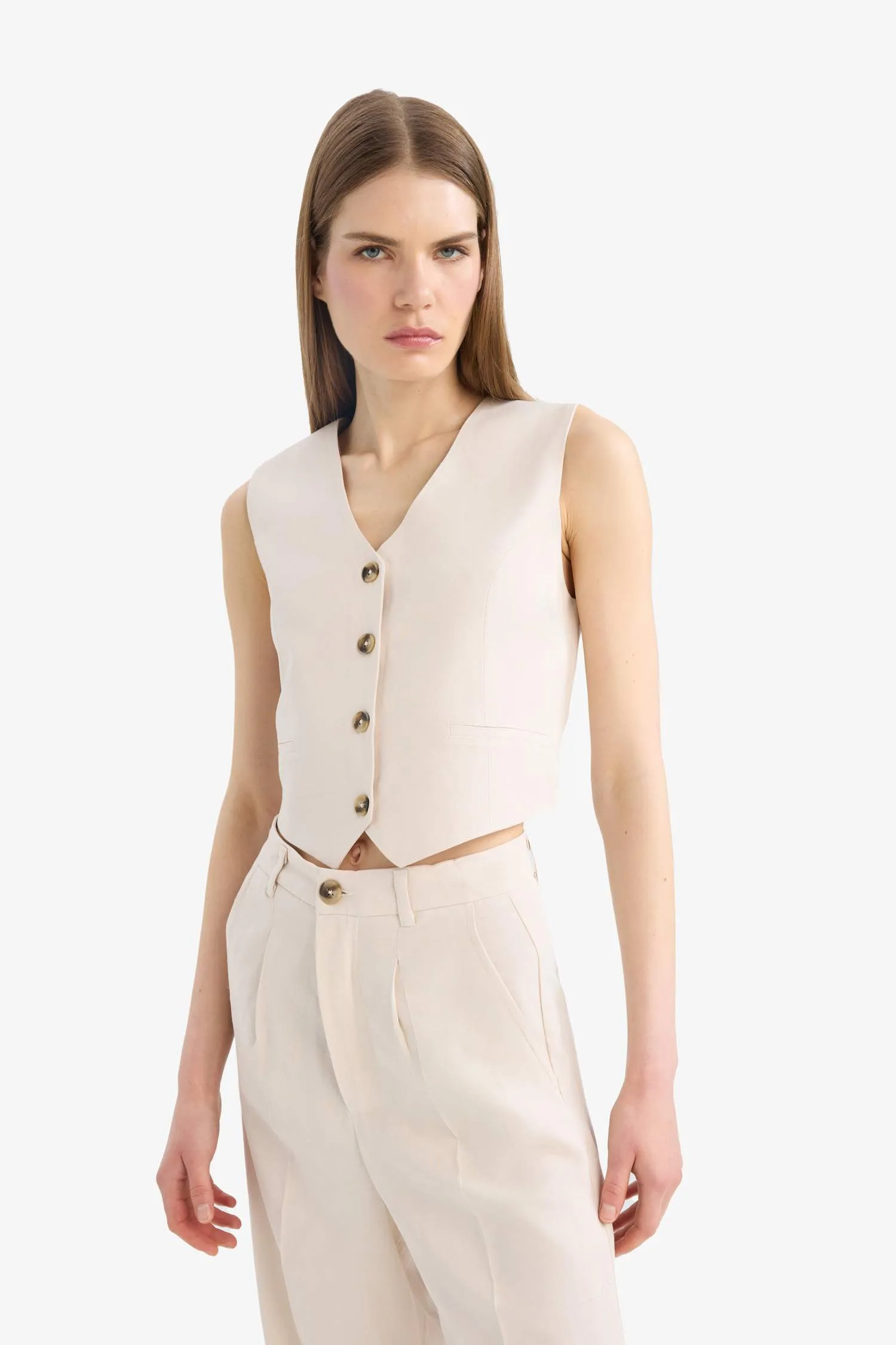 V Neck Linen Blend Vest