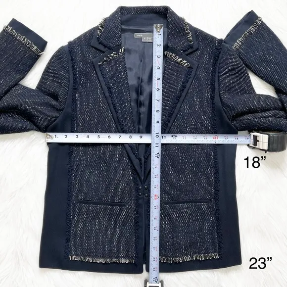 Vince Navy Blue Fringe Tweed Long Sleeve Open Front Blazer Jacket Size Small
