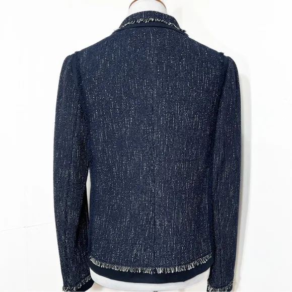 Vince Navy Blue Fringe Tweed Long Sleeve Open Front Blazer Jacket Size Small