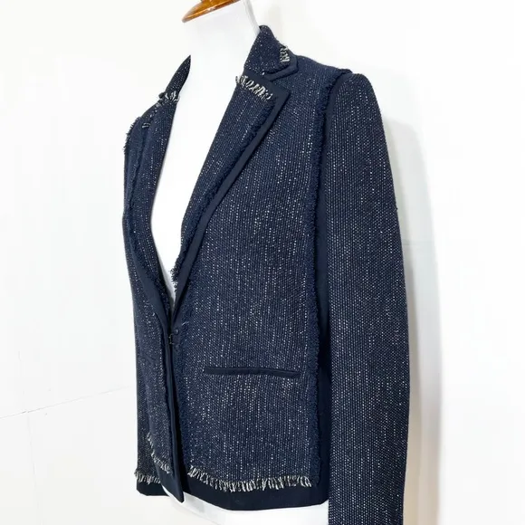 Vince Navy Blue Fringe Tweed Long Sleeve Open Front Blazer Jacket Size Small