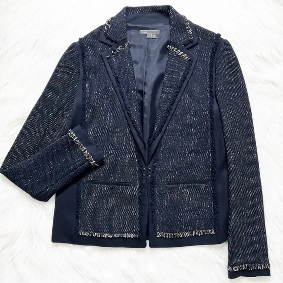 Vince Navy Blue Fringe Tweed Long Sleeve Open Front Blazer Jacket Size Small