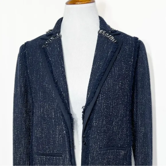 Vince Navy Blue Fringe Tweed Long Sleeve Open Front Blazer Jacket Size Small