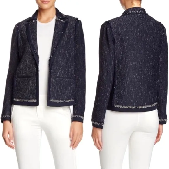 Vince Navy Blue Fringe Tweed Long Sleeve Open Front Blazer Jacket Size Small