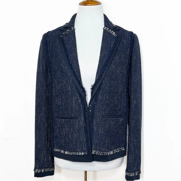 Vince Navy Blue Fringe Tweed Long Sleeve Open Front Blazer Jacket Size Small