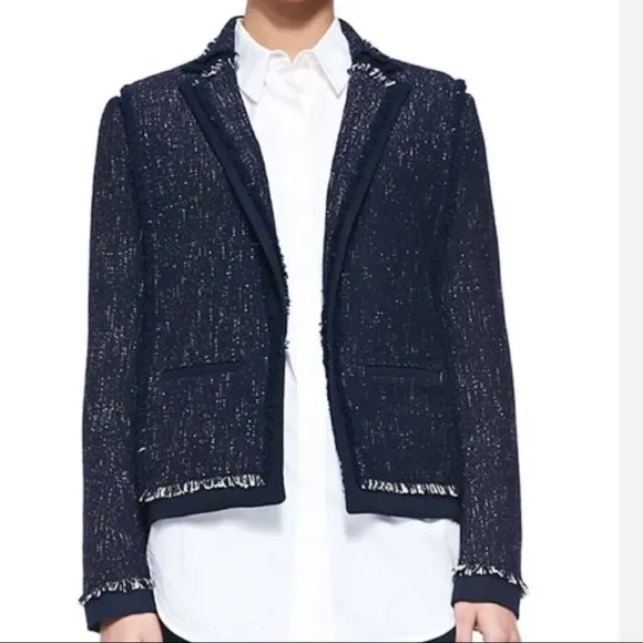 Vince Navy Blue Fringe Tweed Long Sleeve Open Front Blazer Jacket Size Small