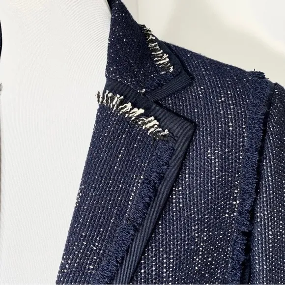 Vince Navy Blue Fringe Tweed Long Sleeve Open Front Blazer Jacket Size Small
