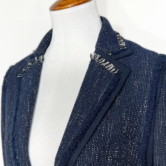 Vince Navy Blue Fringe Tweed Long Sleeve Open Front Blazer Jacket Size Small