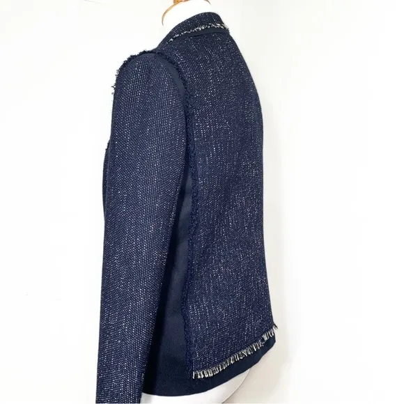 Vince Navy Blue Fringe Tweed Long Sleeve Open Front Blazer Jacket Size Small