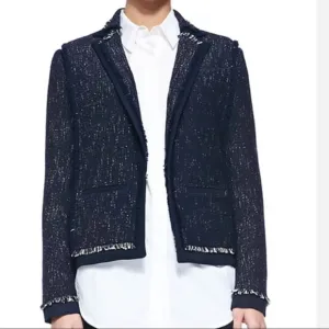 Vince Navy Blue Fringe Tweed Long Sleeve Open Front Blazer Jacket Size Small