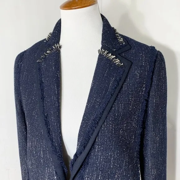 Vince Navy Blue Fringe Tweed Long Sleeve Open Front Blazer Jacket Size Small