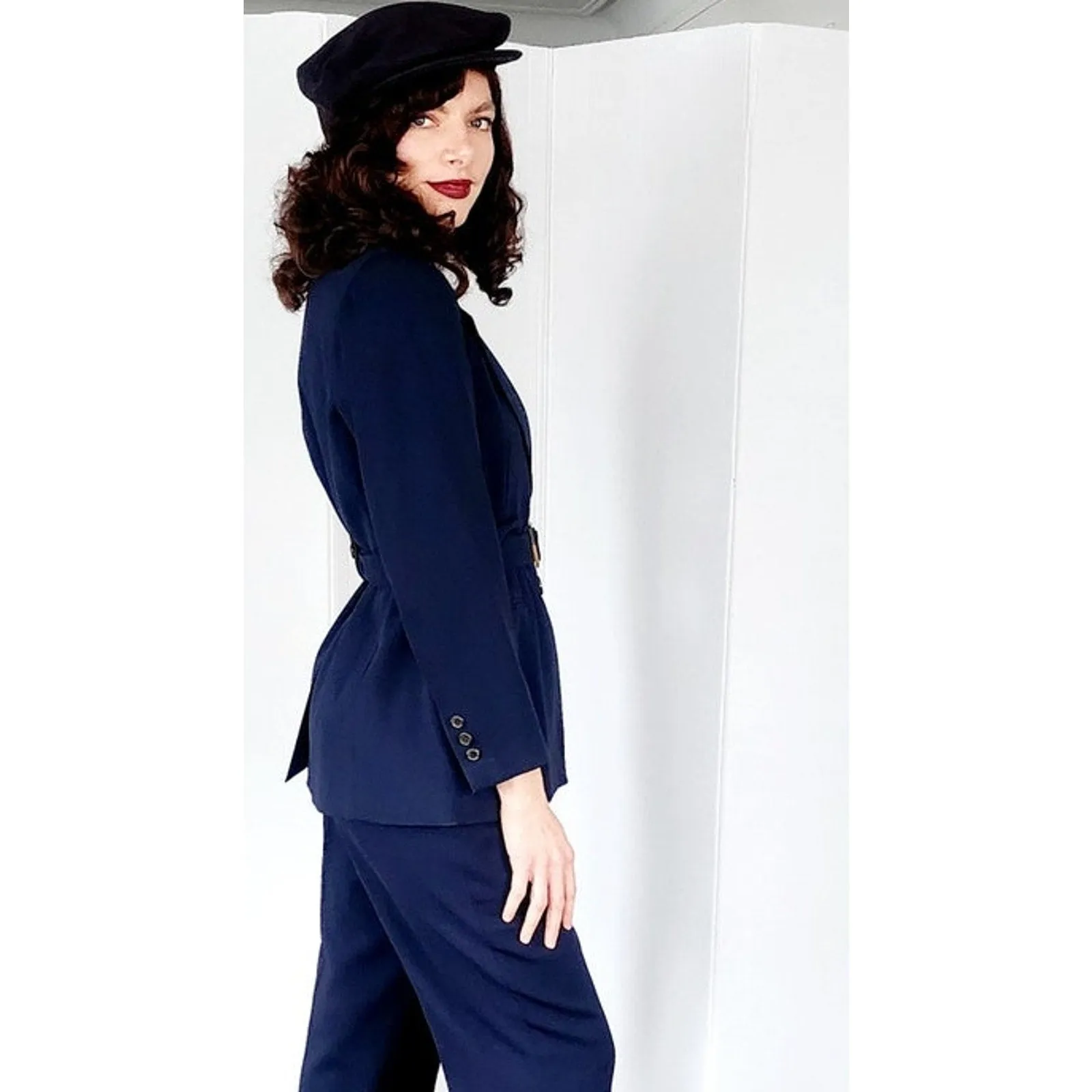 Vintage 90s Navy Blue Pant Suit w/Belted Blazer Kasper /S