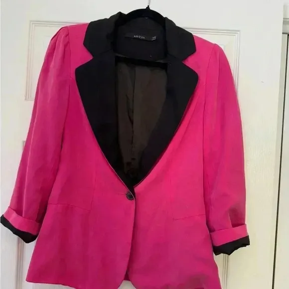 Vintage Ark &amp; Co Hot Pink Tencel Blazer with Black Contrast Collar - Size S