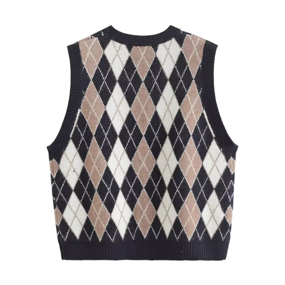 Vintage Diamond Check Cardigan Knitted Vest