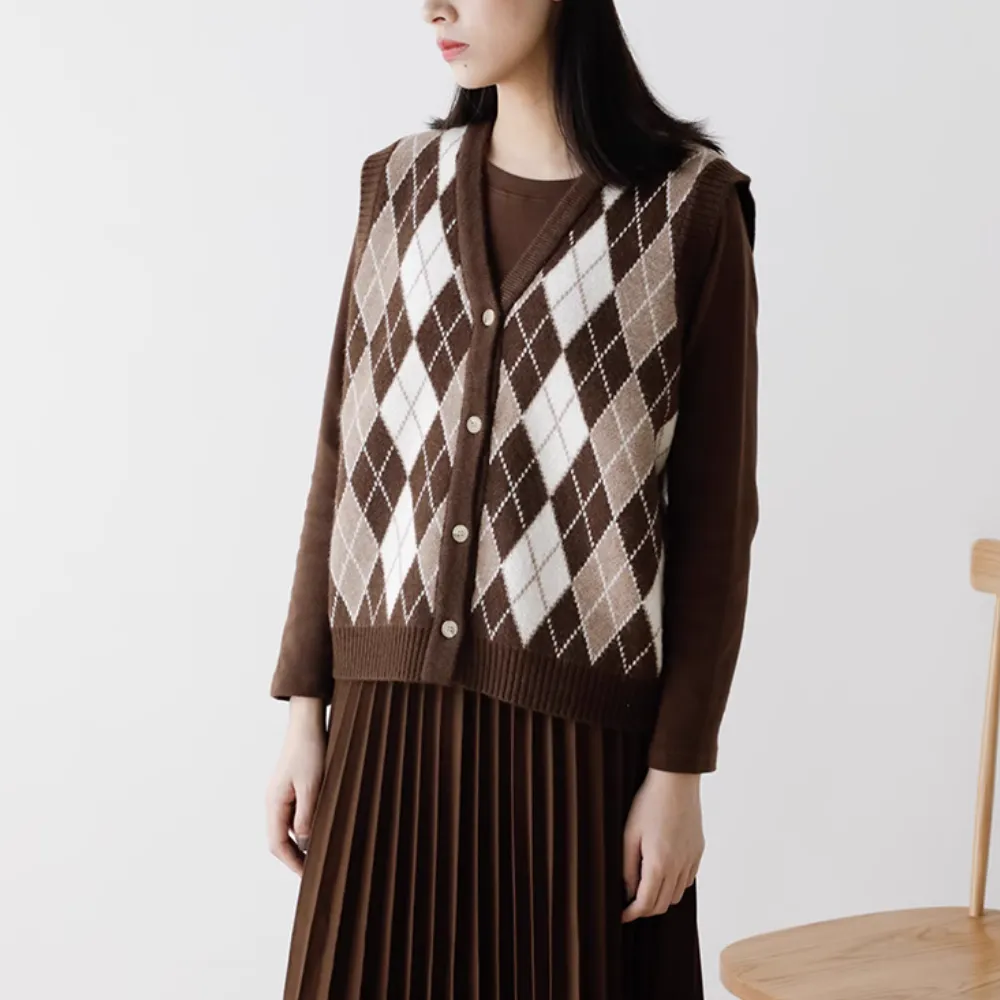 Vintage Diamond Check Cardigan Knitted Vest