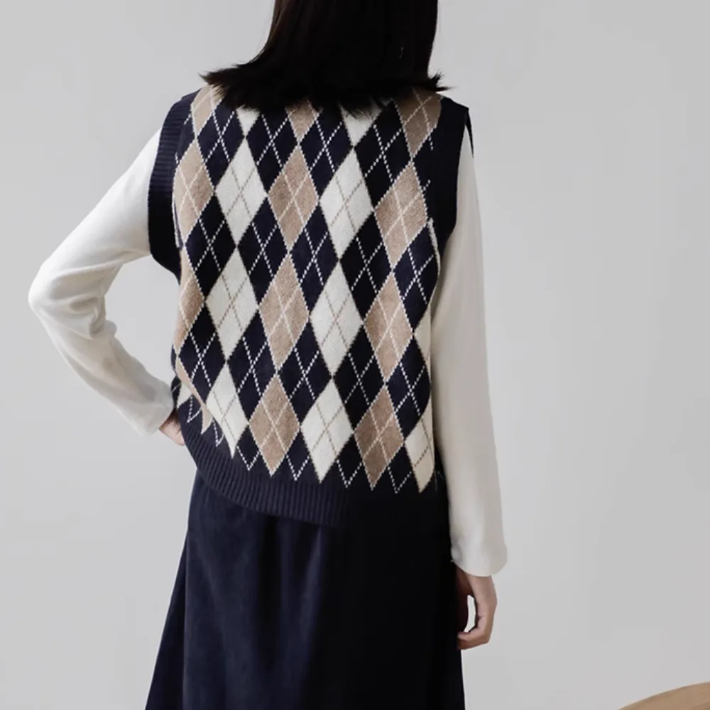 Vintage Diamond Check Cardigan Knitted Vest