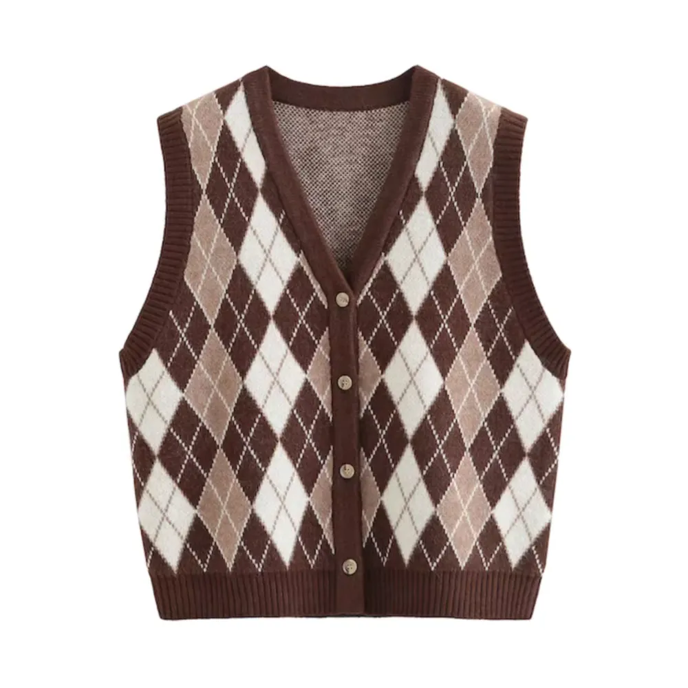 Vintage Diamond Check Cardigan Knitted Vest