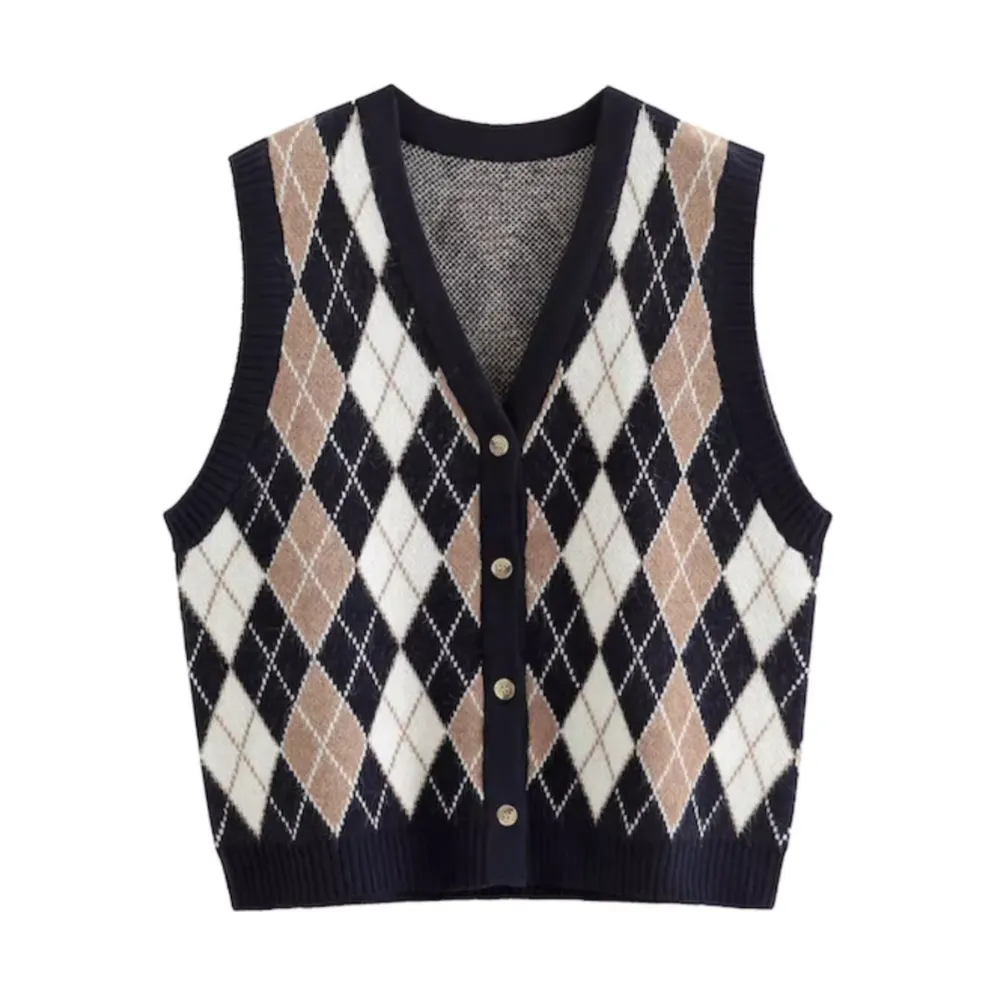 Vintage Diamond Check Cardigan Knitted Vest