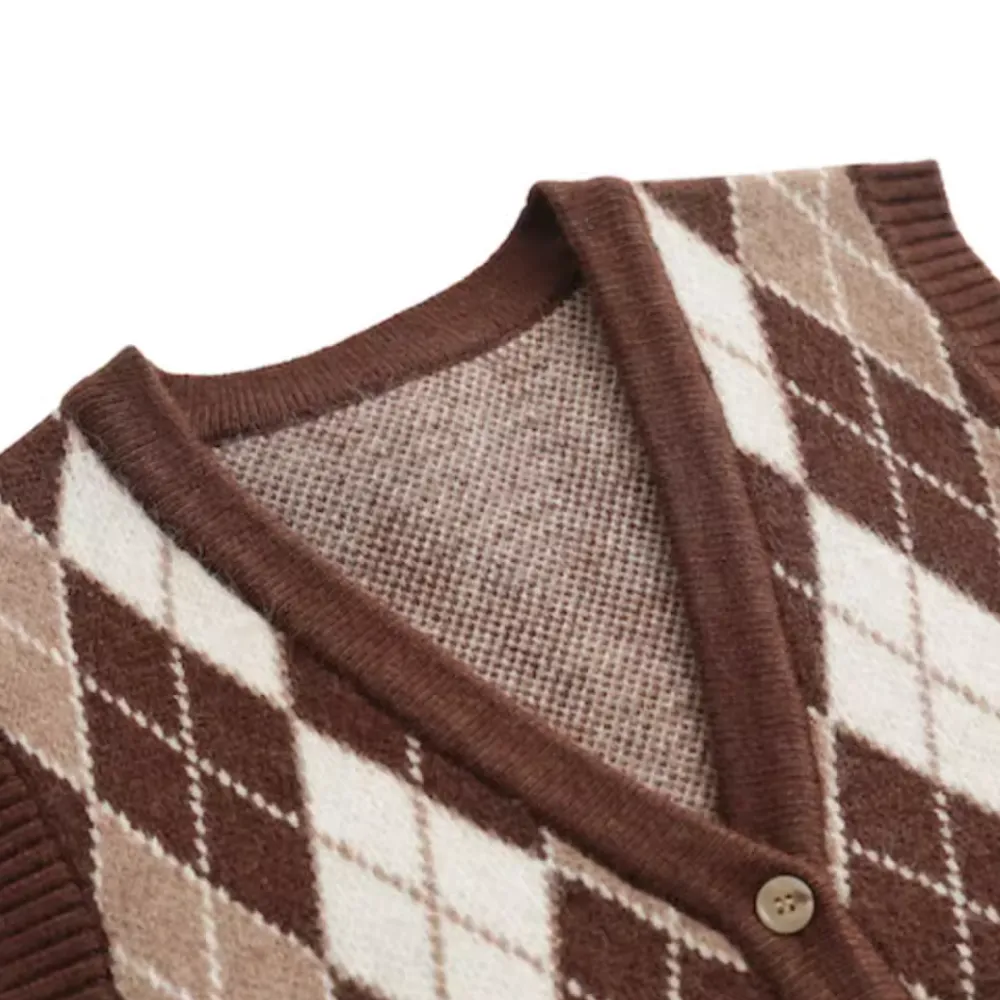 Vintage Diamond Check Cardigan Knitted Vest