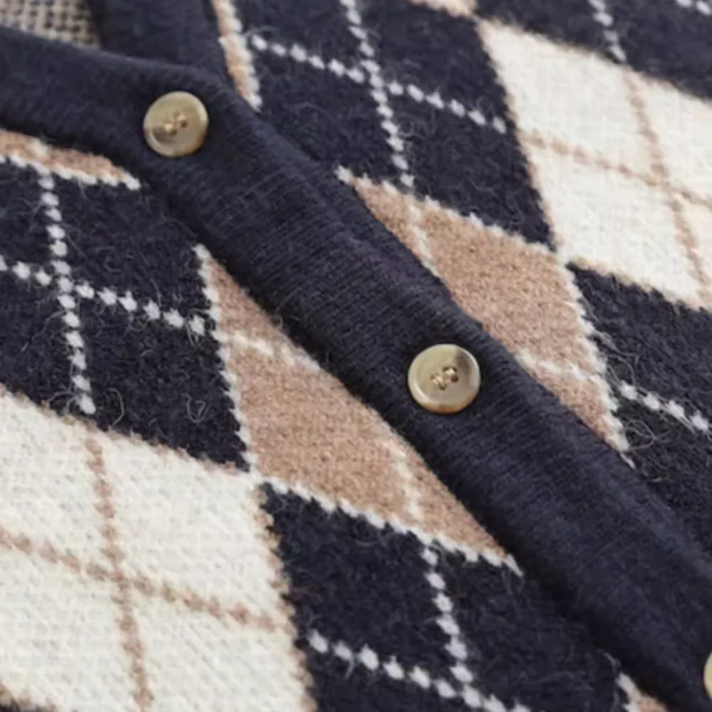Vintage Diamond Check Cardigan Knitted Vest